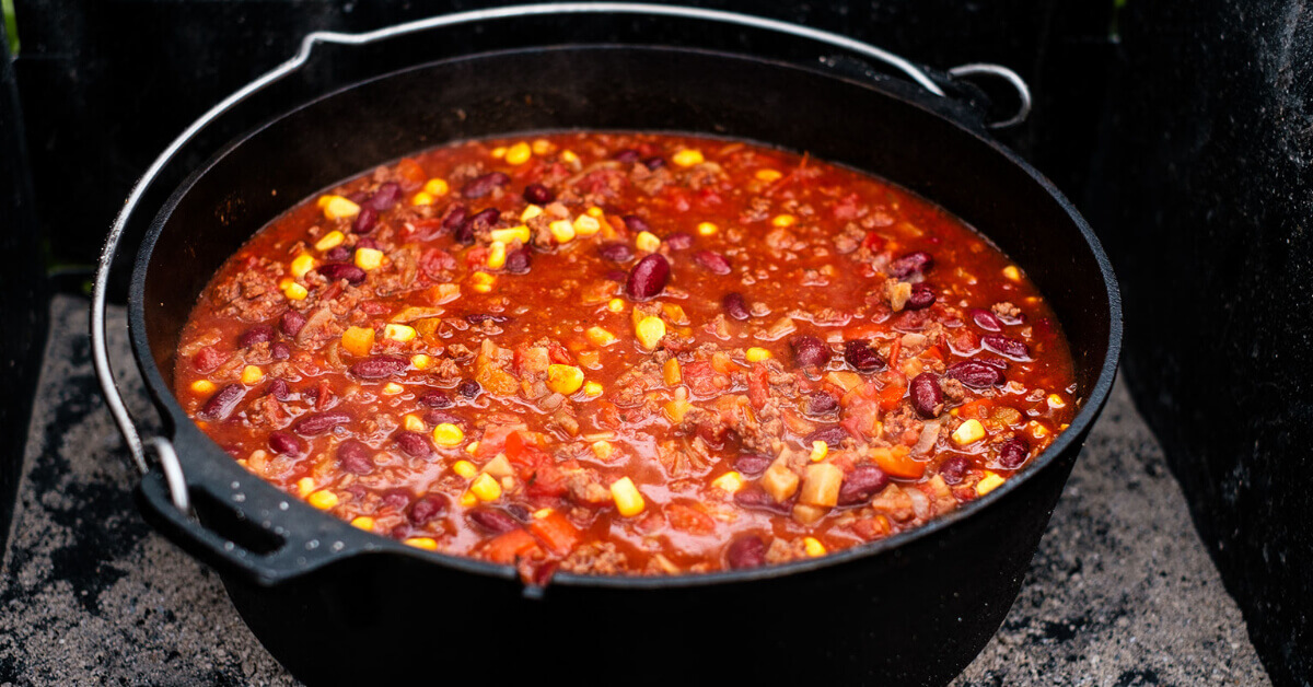 A pan full of Chili that just came off the campfire