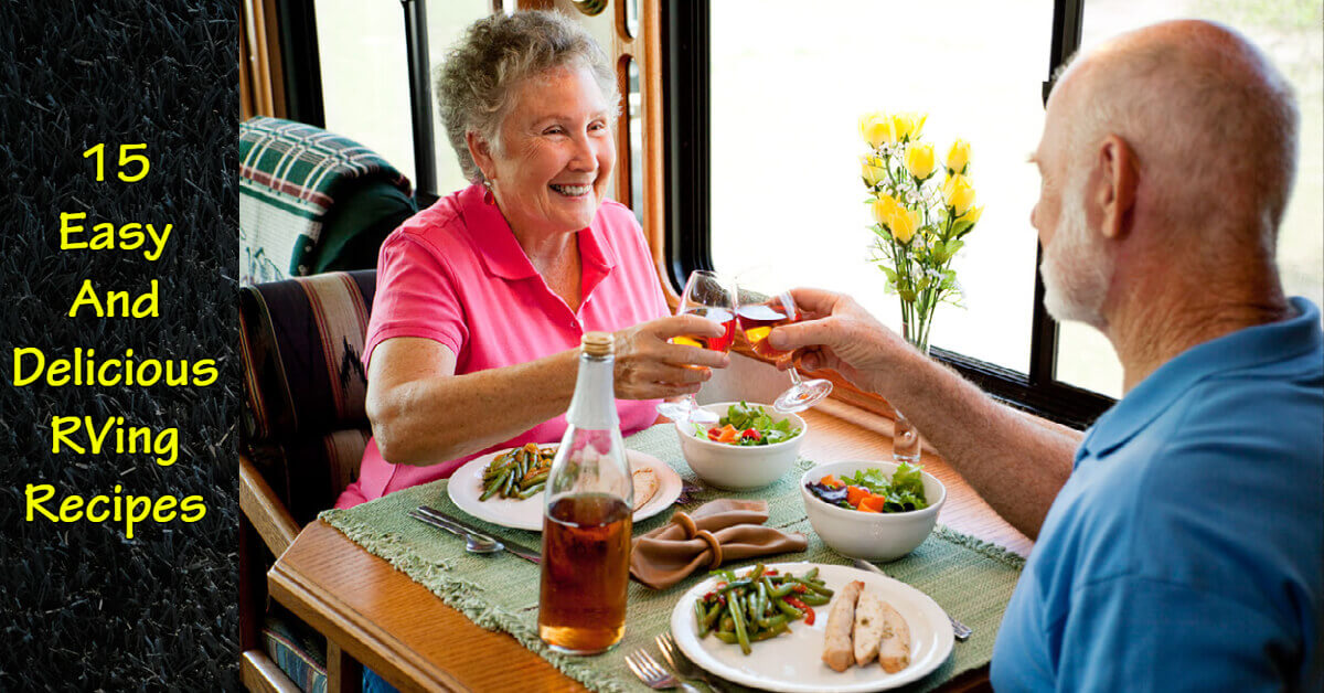 An older couple eating dinner in their RV
