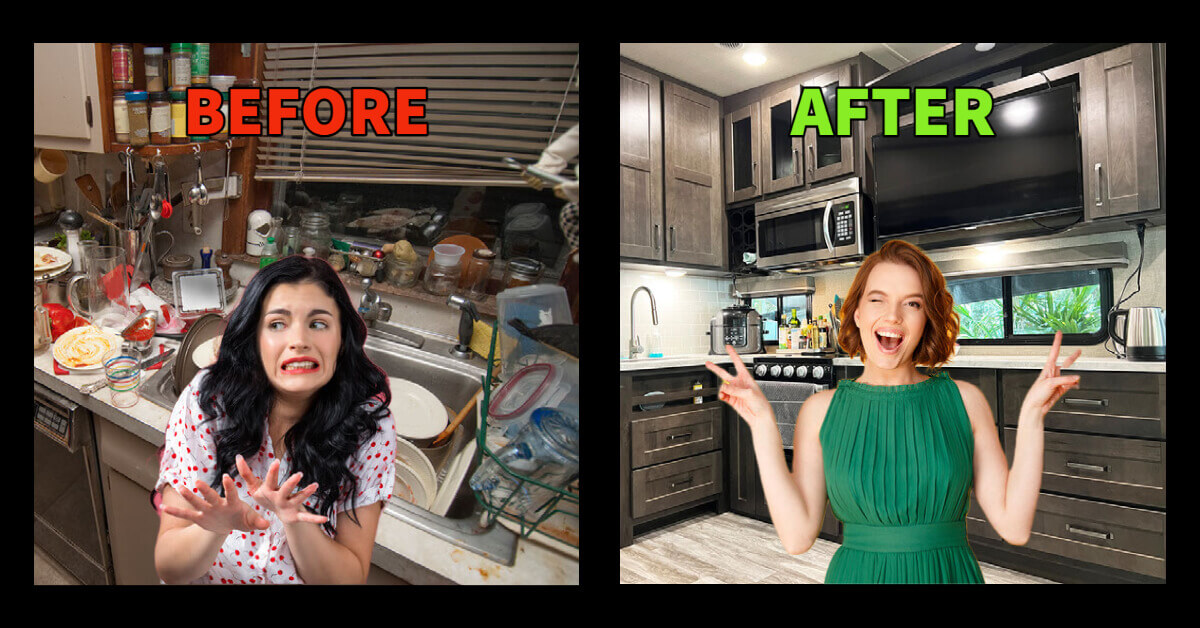 Before and after pictures of an RV kitchen
