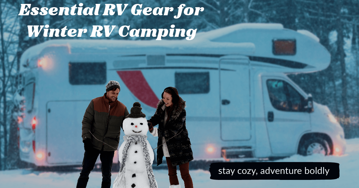 An couple building a snowman while winter RV camping