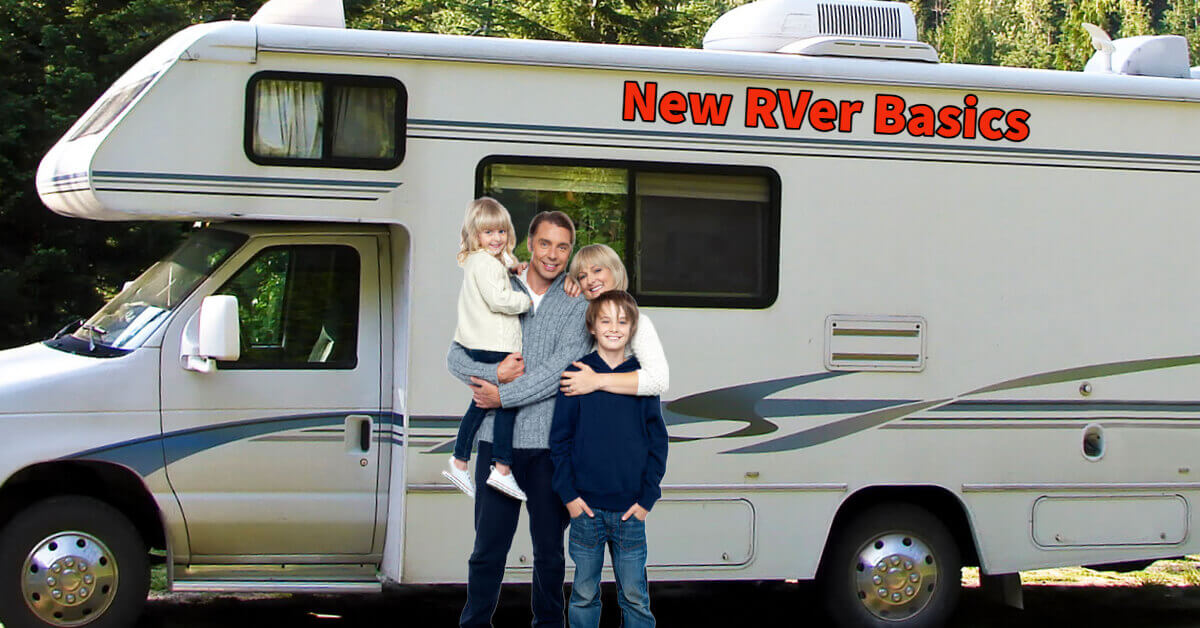 Family standing outside of their RV in the mountains