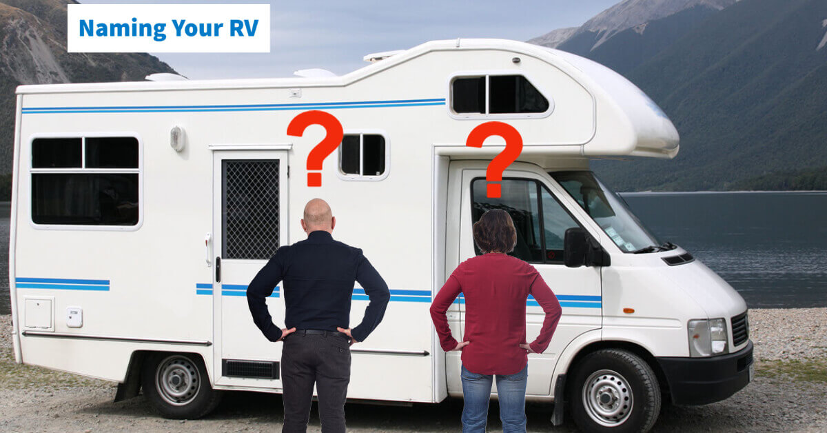 Couple standing outside their RV trying to figure out what to name it