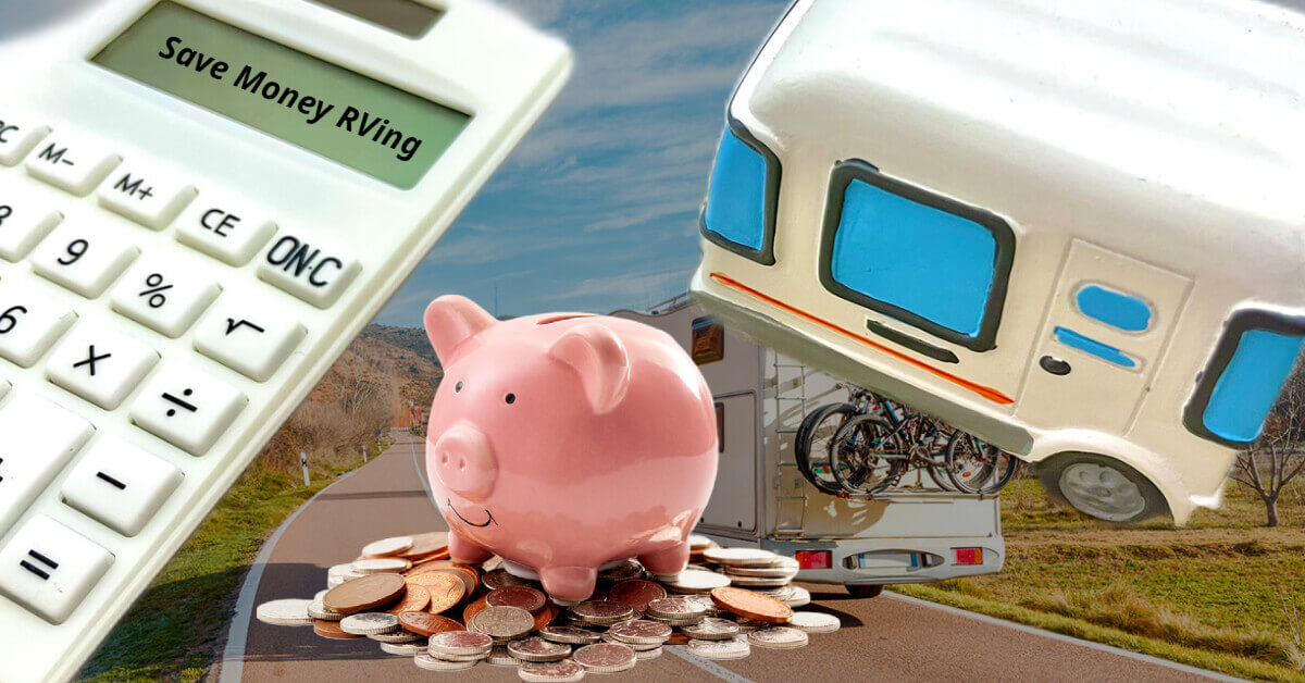 RV going down the road in the background, a calculator, piggy bank and toy RV in the foreground