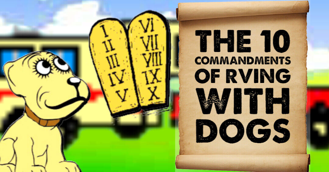 A dog reading a tablet with the Ten Commandments of RVing with Dogs