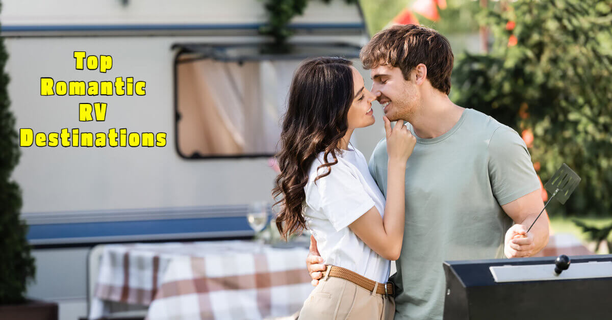Couple kissing outside of their RV