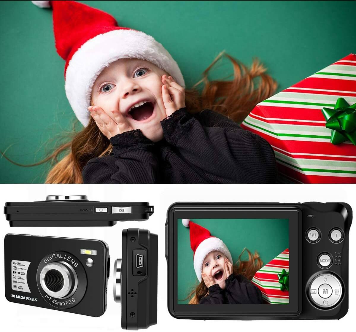 A smiling little girl, along with cameras and camera accessories