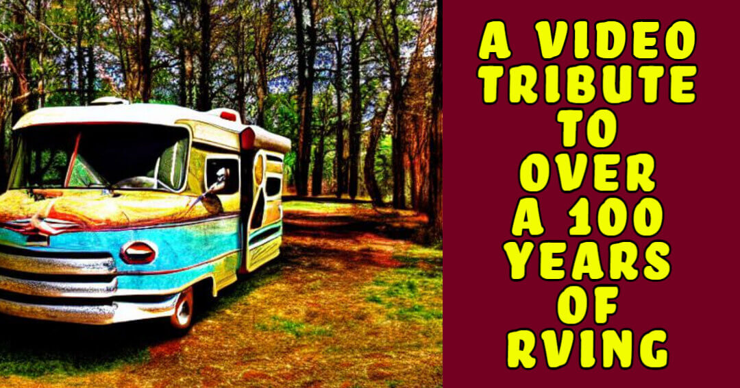 A graphic of an antique RV camping in a lush forest