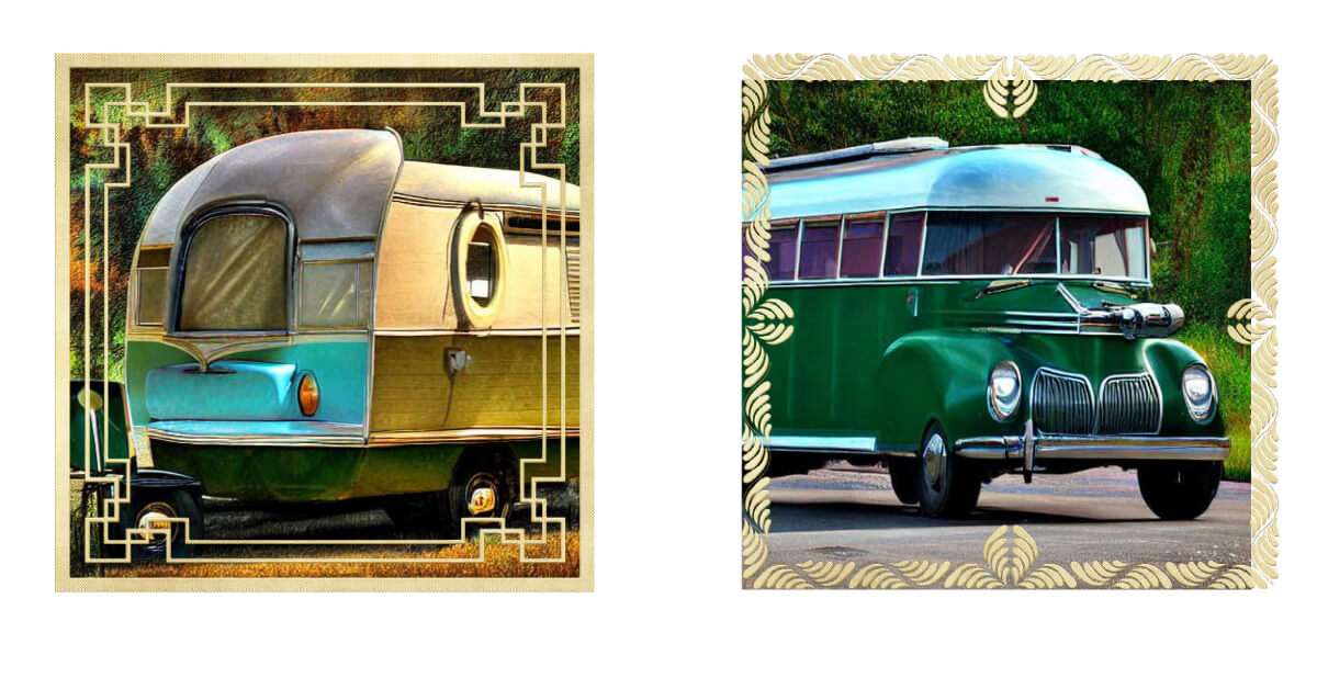 2 framed pictures of antique RVs including a Travel Trailer and a converted bus