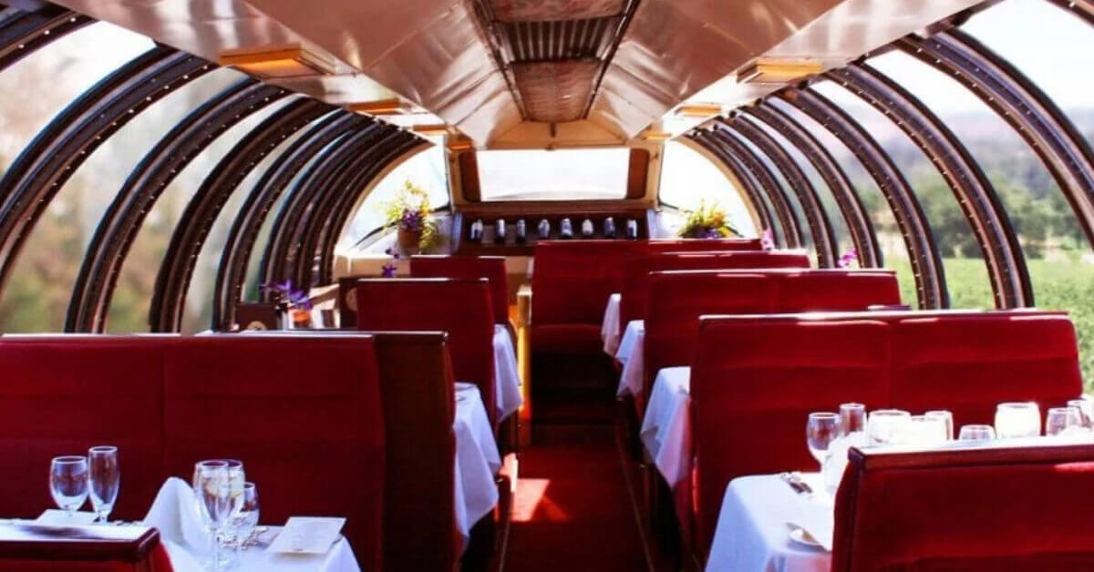 The inside of a Napa Valley Wine Train Dome Car