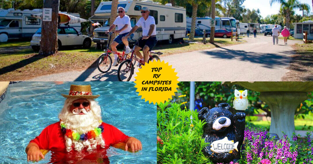 RVers riding their bikes in one of the RV campsites in Florida, Santa swimming in a pool at one of the RV campsites in Florida, a statue of a bear holding a fish welcoming RVers to one of the RV campsites in Florida 