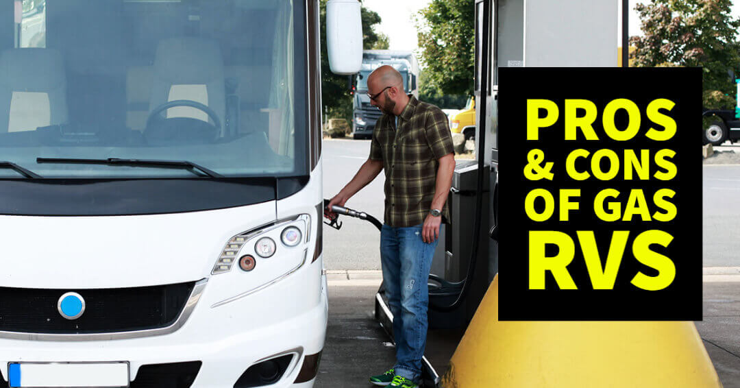 Gas powered Class C RV at gas station getting ready to fill up with gasoline
