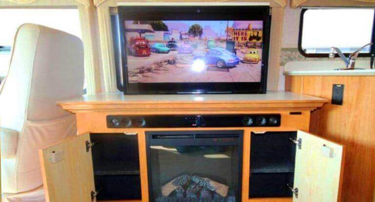 A newly mounted TV in an RV, installed by following the step by step guide to mounting a TV in an RV