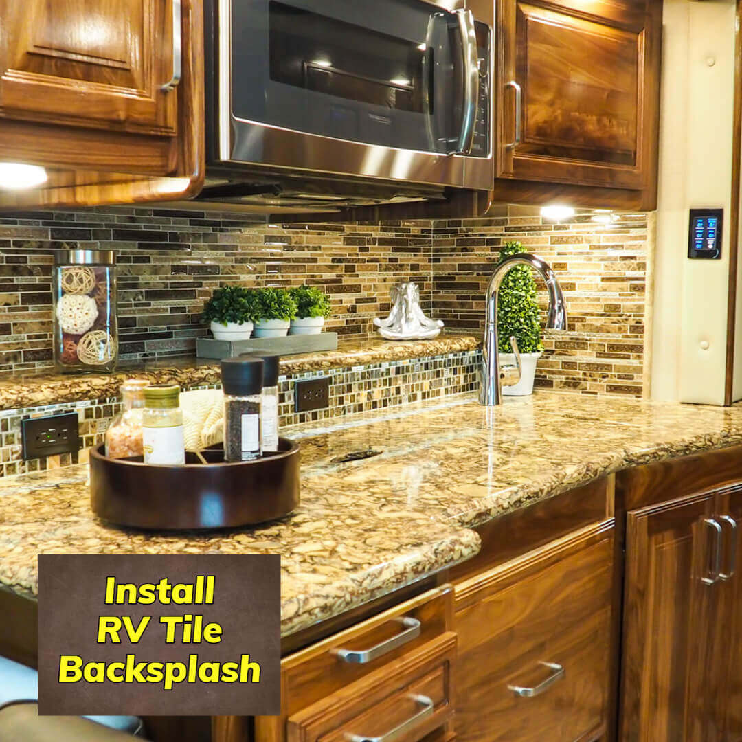 An RV kitchen with a newly installed tile backsplash
