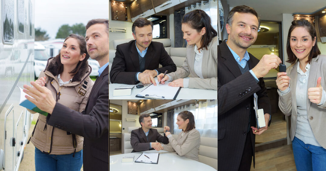 A woman negotiating with an RV Salesman to get a great deal on an RV