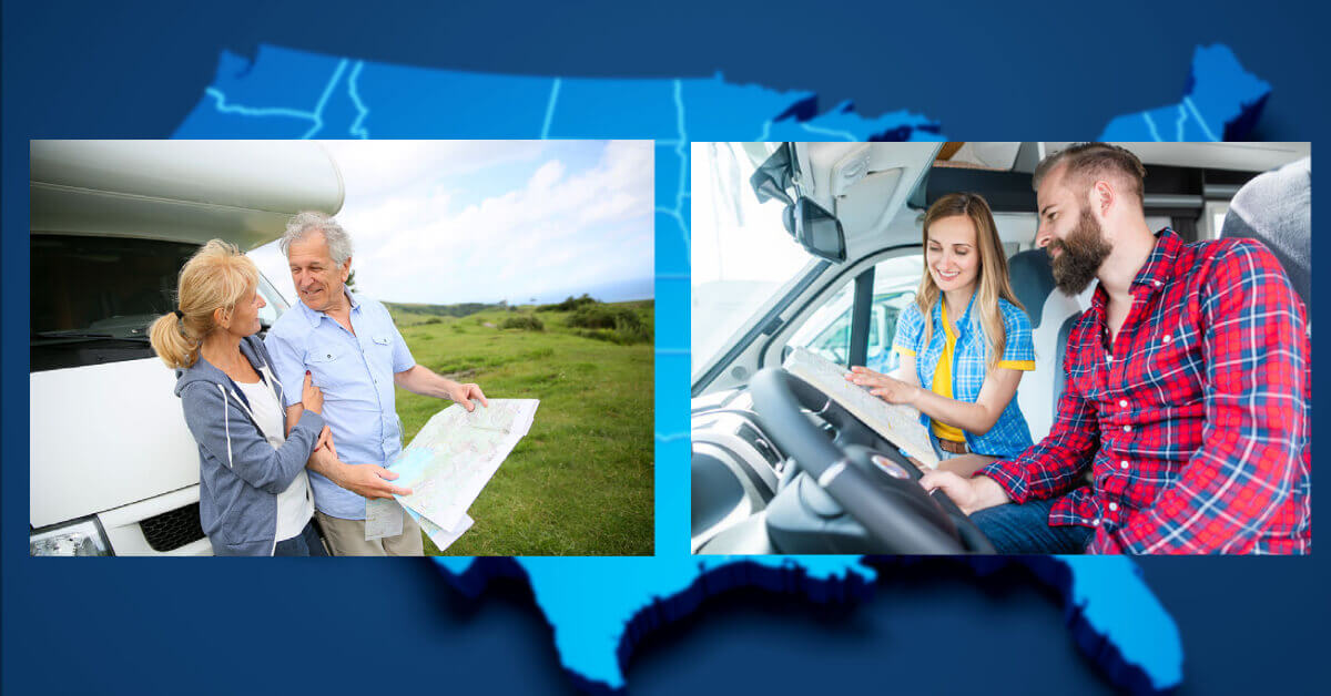 New RVers in their RVs planning their first RV adventure
