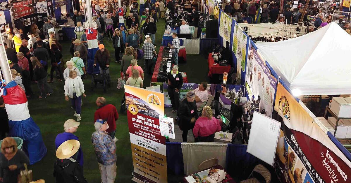 RVers inside one of the giant Circus tents at the Quartzsite Sports, Vacation & RV Show