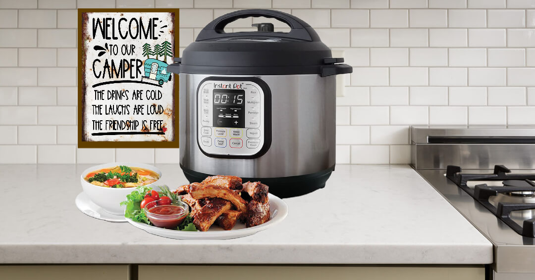 An Instant Pot cooking inside an RV's kitchen An Instant Pot cooking inside an RV's kitchen