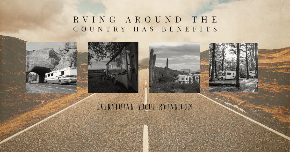 Several photos of RVs camping around the USA