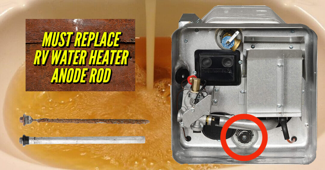 Suburban RV water heater with Anode Rod location marked along with a picture of a new and old anode rod