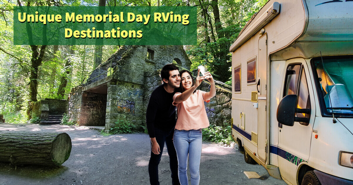 A couple standing outside of their RV taking a selfie while visiting Oregon's Enchanted Forest