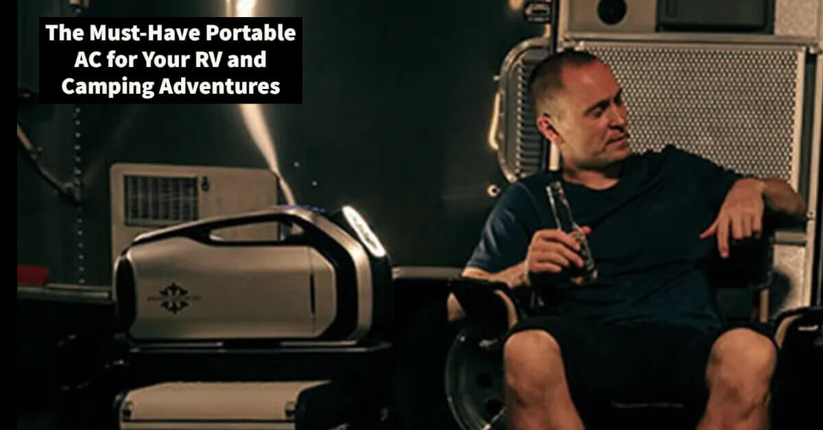RVer sitting outside his RV Drinking a Beer on a hot summer night and staying cool using his Zero Breeze Mark 2 Portable AC