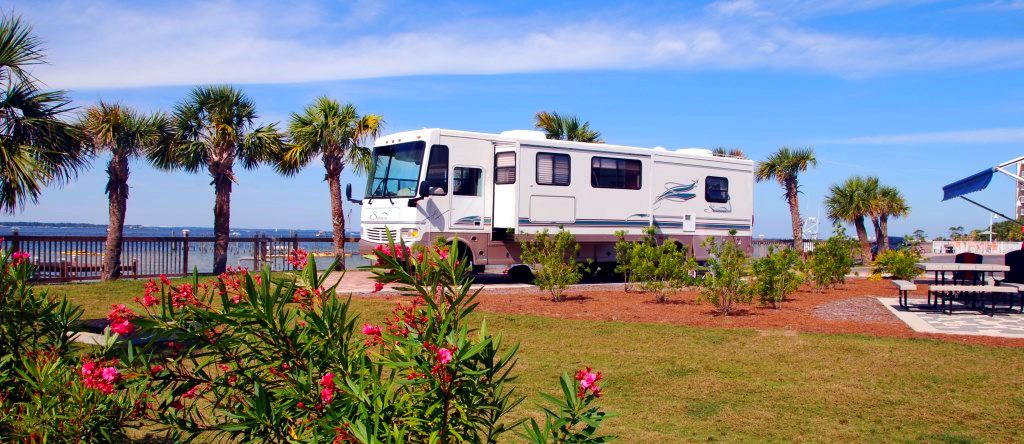 An RV campsite at the Destin West RV Resort located on Okaloosa Island in Florida