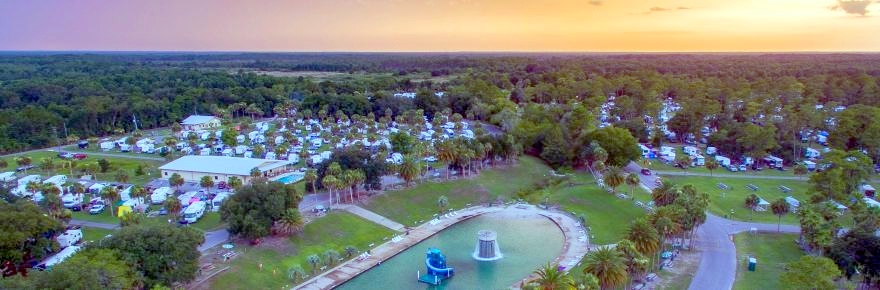 A drone overview of the Wekiva Falls RV Resort located in Sorrento Florida